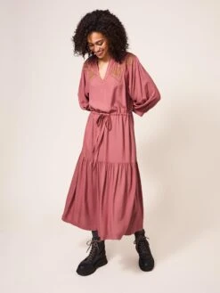 WHITE STUFF Agnes Embroidered Midi Dress In PINK MULTI