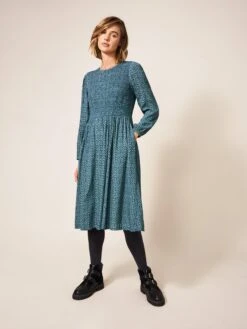 WHITE STUFF Aneth Shirred Dress In TEAL MULTI