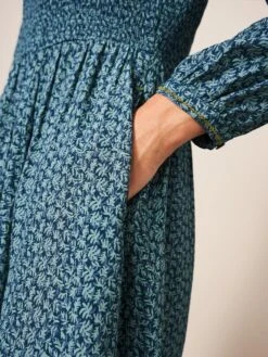 WHITE STUFF Aneth Shirred Dress In TEAL MULTI -Whte Stuffy Store 436901 TEAL MLT MD