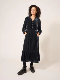 WHITE STUFF Naya Velvet Midi Dress In DARK GREY
