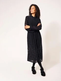 WHITE STUFF Celine Sequin Shirt Dress In BLACK MULTI