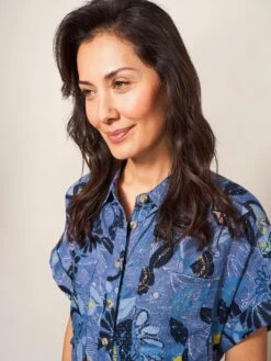 WHITE STUFF Reno Linen Shirt Dress In BLUE PRINT -Whte Stuffy Store 438230 BLUE PR MD 1