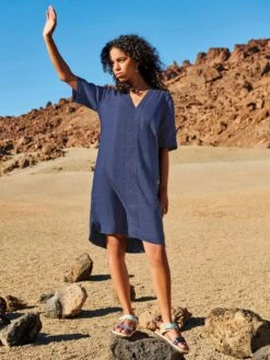 WHITE STUFF June Linen Shift Dress In DARK NAVY