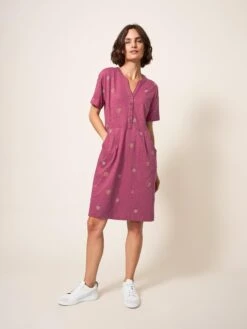 WHITE STUFF Tammy Embroidered Dress In PLUM MULTI