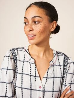 WHITE STUFF Anya Check Embroidered Dress In NATURAL MULTI -Whte Stuffy Store 438585 NAT MLT MD