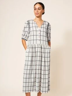 WHITE STUFF Anya Check Embroidered Dress In NATURAL MULTI -Whte Stuffy Store 438585 NAT MLT MF