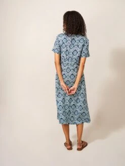 WHITE STUFF Ivy Linen Short Sleeve Midi Dress In BLUE PRINT -Whte Stuffy Store 438650 BLUE PR MB