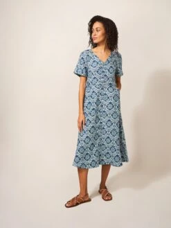 WHITE STUFF Ivy Linen Short Sleeve Midi Dress In BLUE PRINT -Whte Stuffy Store 438650 BLUE PR MF