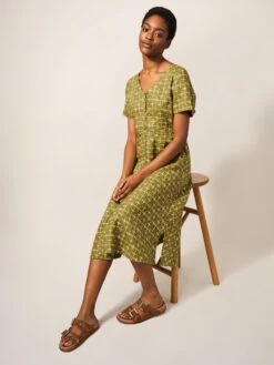 WHITE STUFF Ivy Linen Short Sleeve Midi Dress In GREEN PRINT