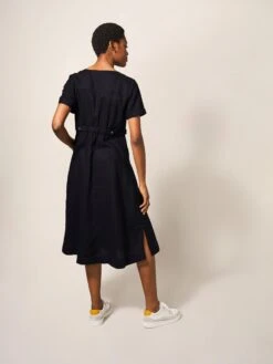 WHITE STUFF Ivy Linen Short Sleeve Midi Dress In PURE BLACK -Whte Stuffy Store 438650 PURE BLK MB