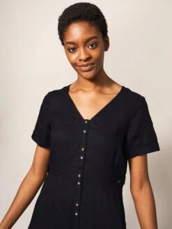 WHITE STUFF Ivy Linen Short Sleeve Midi Dress In PURE BLACK -Whte Stuffy Store 438650 PURE BLK MD
