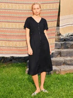WHITE STUFF Ivy Linen Short Sleeve Midi Dress In PURE BLACK