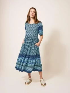 WHITE STUFF Connie Eco Vero Midi Dress In BLUE MULTI