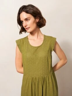 WHITE STUFF Violet Jersey Broderie Dress In MID GREEN -Whte Stuffy Store 438701 MID GREEN MD