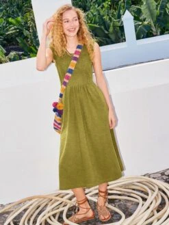 WHITE STUFF Violet Jersey Broderie Dress In MID GREEN