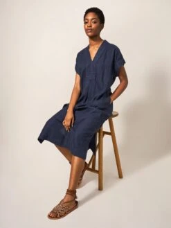 WHITE STUFF Marianne Linen Dress In DARK NAVY