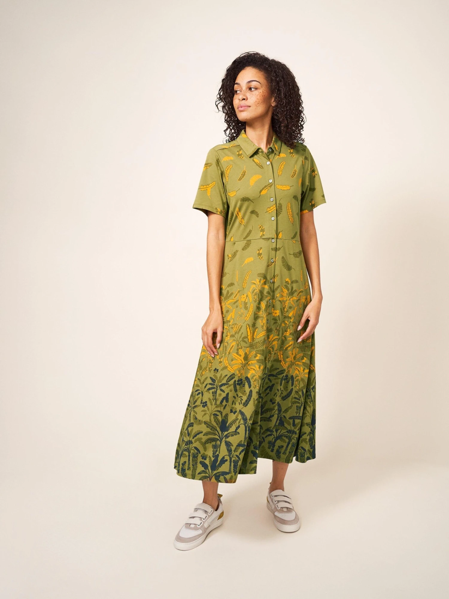 WHITE STUFF Rua Jersey Short Sleeve Shirt Dress In GREEN MULTI 2 WHITE STUFF Rua Jersey Short Sleeve Shirt Dress In GREEN MULTI - Image 2