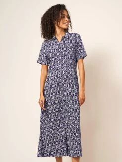 WHITE STUFF Rua Jersey Short Sleeve Shirt Dress In NAVY MULTI