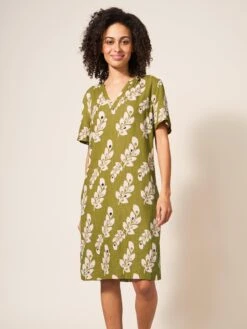 WHITE STUFF Lydia Linen Viscose Dress In GREEN PRINT