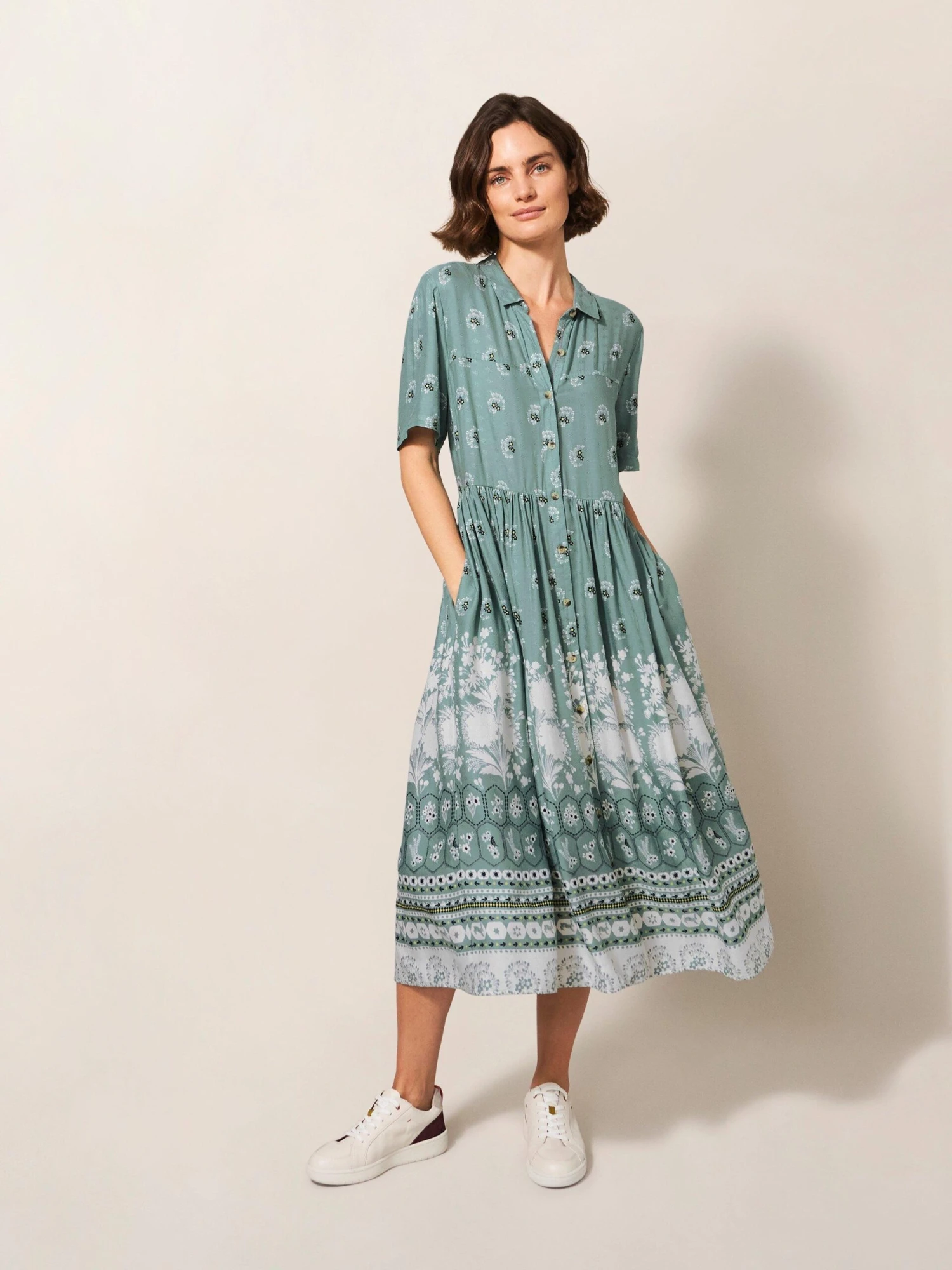 WHITE STUFF Renee Short Sleeve Midi Shirt Dress In TEAL MULTI 2 WHITE STUFF Renee Short Sleeve Midi Shirt Dress In TEAL MULTI - Image 2
