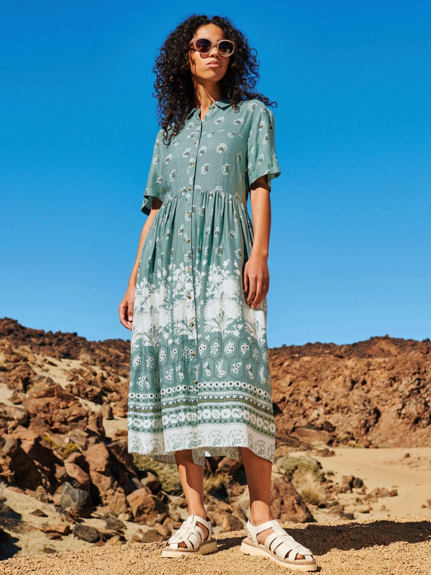 WHITE STUFF Renee Short Sleeve Midi Shirt Dress In TEAL MULTI 1 WHITE STUFF Renee Short Sleeve Midi Shirt Dress In TEAL MULTI