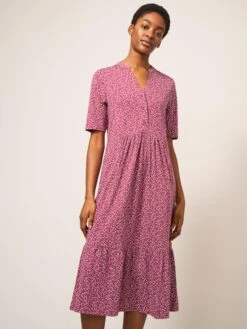 WHITE STUFF Naya Short Sleeve Jersey Dress In PLUM MULTI