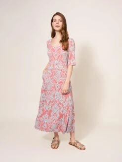 WHITE STUFF Madeline Eco Vero Midi Jersey Dress In RED MULTI