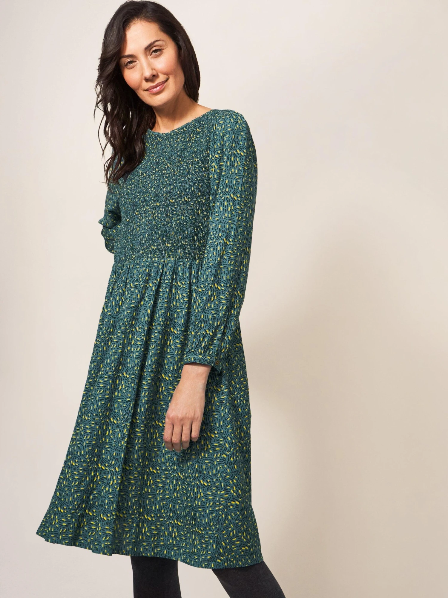 WHITE STUFF Aneth Eco Vero Shirred Dress In TEAL PRINT 1 WHITE STUFF Aneth Eco Vero Shirred Dress In TEAL PRINT