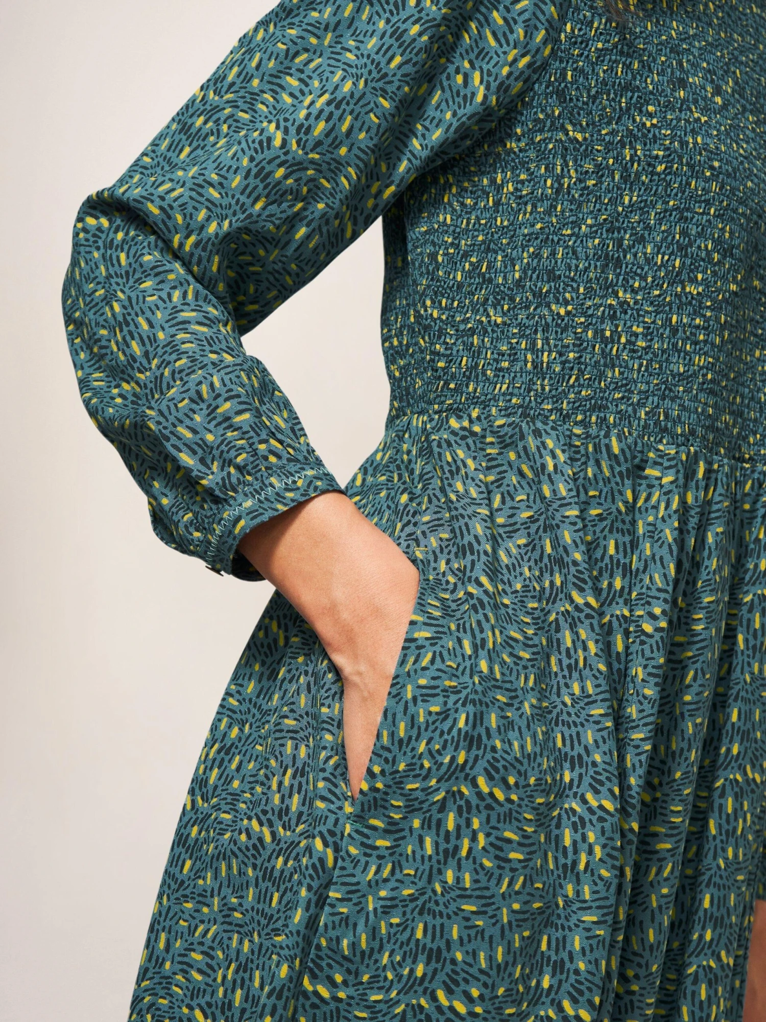 WHITE STUFF Aneth Eco Vero Shirred Dress In TEAL PRINT 3 WHITE STUFF Aneth Eco Vero Shirred Dress In TEAL PRINT - Image 3