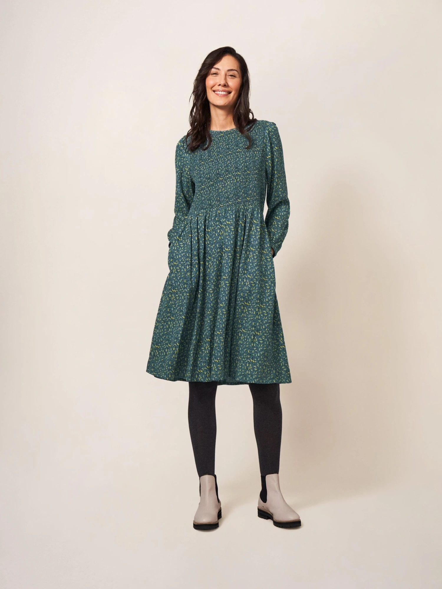 WHITE STUFF Aneth Eco Vero Shirred Dress In TEAL PRINT 2 WHITE STUFF Aneth Eco Vero Shirred Dress In TEAL PRINT - Image 2