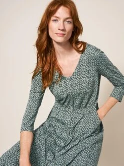 WHITE STUFF Mia Jersey Dress In GREEN MULTI -Whte Stuffy Store 439517 GREEN MLT MD