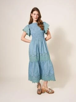 WHITE STUFF Jolene Broderie Midi Dress In GREEN MULTI