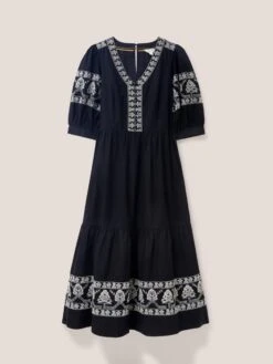 WHITE STUFF Dulcie Embroidered Midi Dress In BLACK MULTI -Whte Stuffy Store 440025 BLK MLT FF