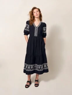 WHITE STUFF Dulcie Embroidered Midi Dress In BLACK MULTI 10 WHITE STUFF Dulcie Embroidered Midi Dress In BLACK MULTI -Whte Stuffy Store 440025 BLK MLT MF 1
