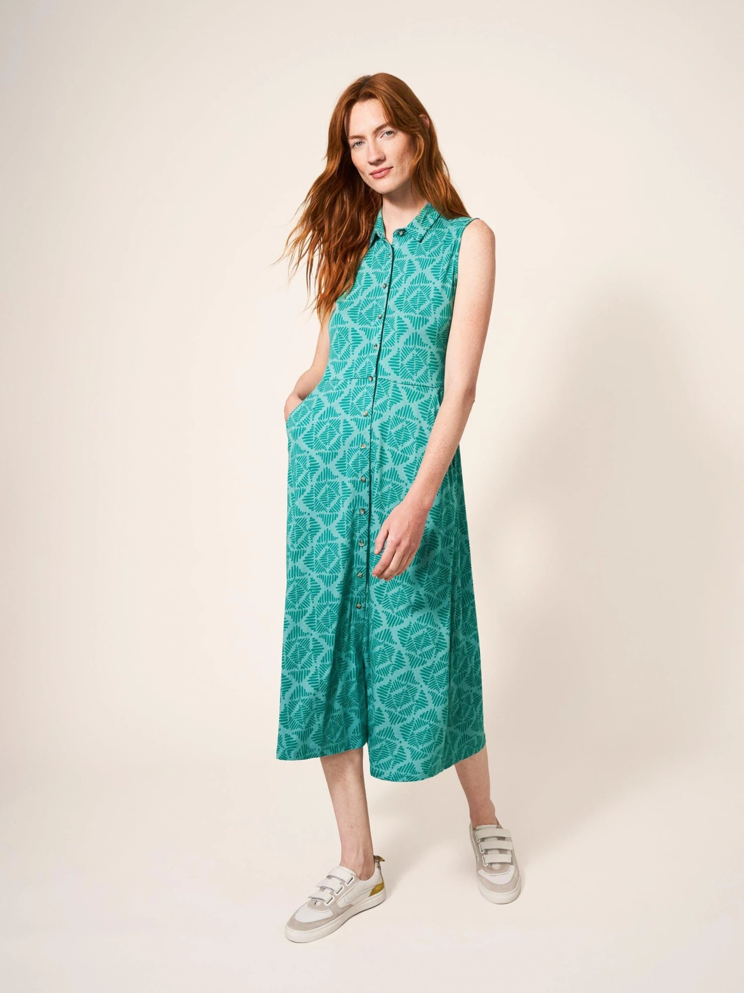 WHITE STUFF Rua Sleeveless Jersey Shirt Dress In TEAL MULTI 2 WHITE STUFF Rua Sleeveless Jersey Shirt Dress In TEAL MULTI - Image 2