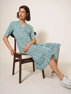 WHITE STUFF Naya Midi Jersey Dress In TEAL PRINT