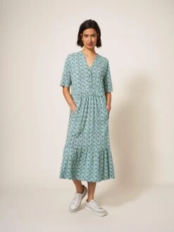WHITE STUFF Naya Midi Jersey Dress In TEAL PRINT -Whte Stuffy Store 440667 TEAL PR MD 1